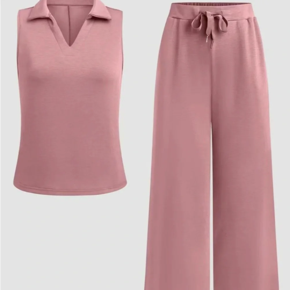 Pink Sleeveless Top and Wide-Leg Pants Set